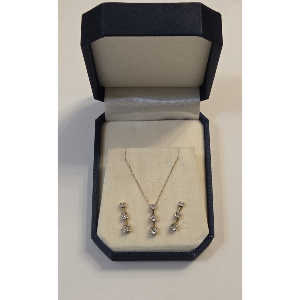 Vintage 10k Yellow Gold Past Present & Future Diamond 3 Tier Necklace & Earrings